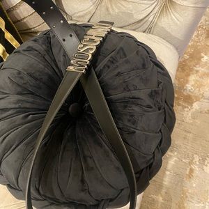 Moschino brand new black genuine leather logo silver lettering belt